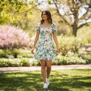 Floral Puff-Sleeve Mini Dress